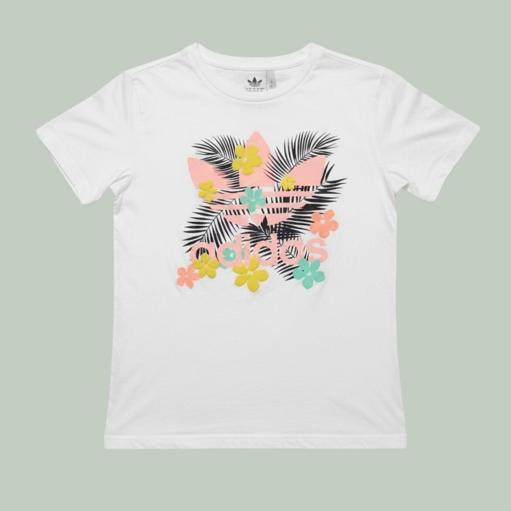 Adidas Originals Tropical Trefoil Graphic Tee White Girls Youth Medium